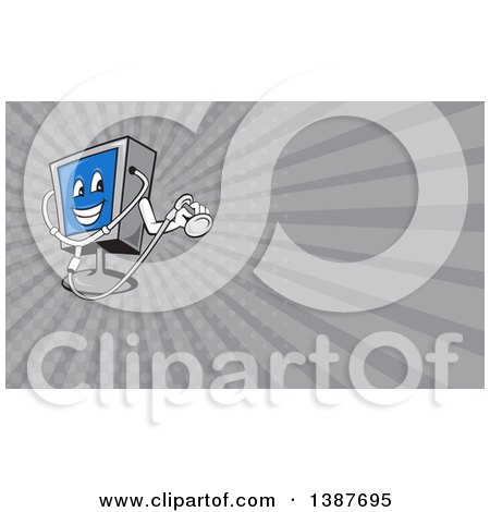 Clipart of a Computer Monitor Mascot Holding a Diagnostics Stethoscope and Gray Rays Background or Business Card Design - Royalty Free Illustration by patrimonio