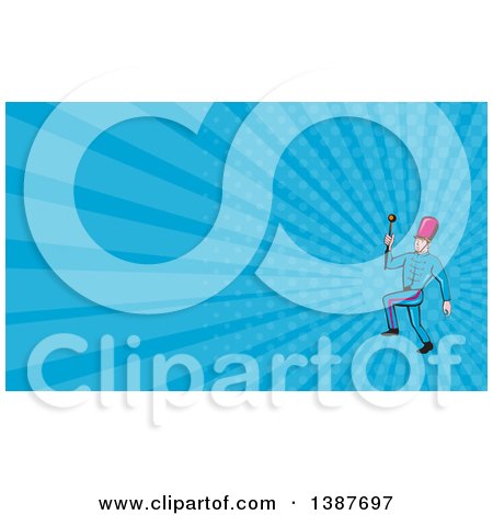 Clipart of a Retro Cartoon Male Marching Band Leader Holding a Baton and Blue Rays Background or Business Card Design - Royalty Free Illustration by patrimonio