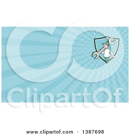 Clipart of a Retro Cartoon White Male Mechanic Carrying a Giant Spanner Wrench and Blue Rays Background or Business Card Design - Royalty Free Illustration by patrimonio