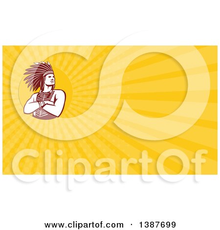 Clipart of a Retro Brown and White Native American Indian Chief with Folded Arms and Yellow Rays Background or Business Card Design - Royalty Free Illustration by patrimonio