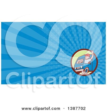 Clipart of a Retro Cartoon Friendly White Male Delivery Truck Driver Waving and Blue Rays Background or Business Card Design - Royalty Free Illustration by patrimonio