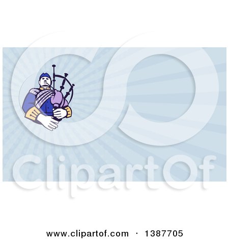 Clipart of a Retro Scotsman Bagpiper and Blue Rays Background or Business Card Design - Royalty Free Illustration by patrimonio