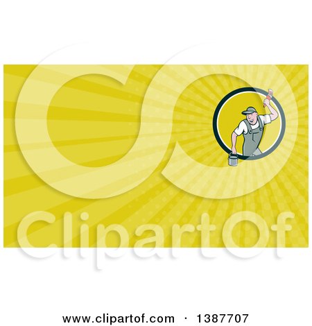 Clipart of a Retro Cartoon White Male House Painter Holding a Bucket and a Brush and Green Rays Background or Business Card Design - Royalty Free Illustration by patrimonio