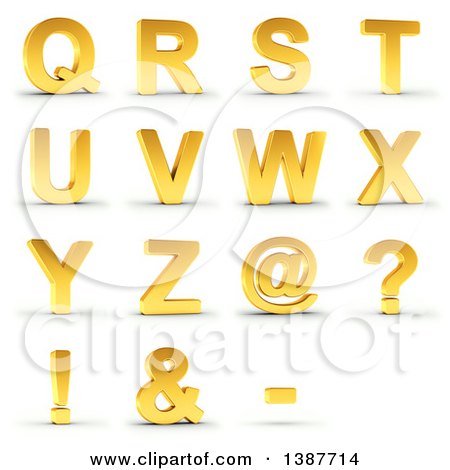 Clipart of 3d Golden Capital Letters Q Through Z, and Symbols, on a Shaded White Background, with Clipping Path - Royalty Free Illustration by stockillustrations