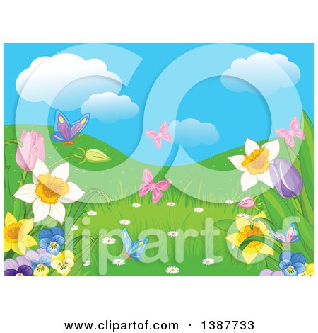 Clipart of a Background of Butterflies, Hills and Spring Flowers Under a Blue Sky with Puffy Clouds - Royalty Free Vector Illustration by Pushkin