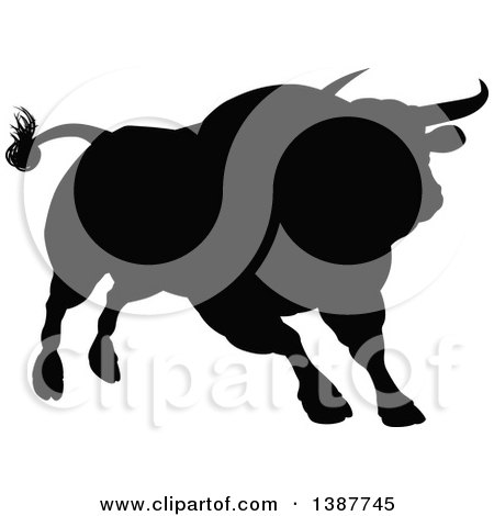 Clipart of a Silhouetted Black Bull Charging - Royalty Free Vector Illustration by AtStockIllustration