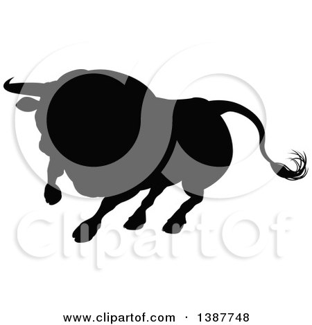 Clipart of a Silhouetted Black Bull Charging - Royalty Free Vector Illustration by AtStockIllustration