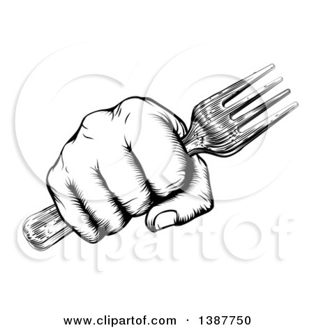Clipart of a Black and White Retro Woodcut Fisted Hand Holding a Fork - Royalty Free Vector Illustration by AtStockIllustration