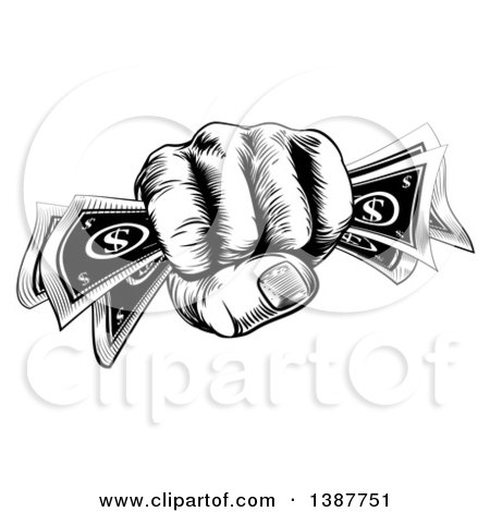 Clipart of a Black and White Woodcut or Engraved Revolutionary Fisted Hand Holding Cash Money - Royalty Free Vector Illustration by AtStockIllustration