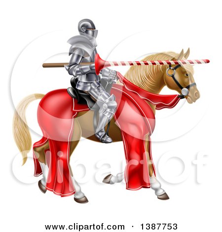 Clipart of a 3d Fully Armored Medieval Jousting Knight Holding a Lance on a Horse - Royalty Free Vector Illustration by AtStockIllustration