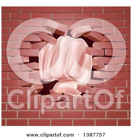 Clipart of a Caucasian Fist Punching Through a 3d Red Brick Wall - Royalty Free Vector Illustration by AtStockIllustration