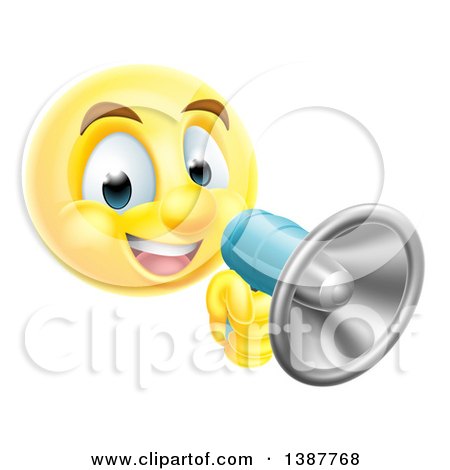 Clipart of a Yellow Smiley Emoji Emoticon Using a Megaphone - Royalty Free Vector Illustration by AtStockIllustration