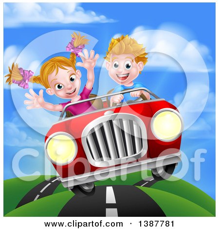 Clipart of a Blond White Boy Driving a Girl in a Red Convertible Car, Catching Air on a Rural Road - Royalty Free Vector Illustration by AtStockIllustration