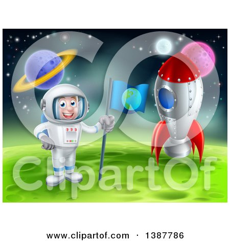 Clipart of a Happy Caucasian Male Astronaut Standing by a Rocket and Planting an Earth Flag on a Foreign Planet - Royalty Free Vector Illustration by AtStockIllustration