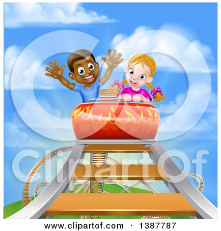 Clipart of a Happy White Girl and Black Boy at the Top of a Roller Coaster Ride, Against a Blue Sky with Clouds - Royalty Free Vector Illustration by AtStockIllustration