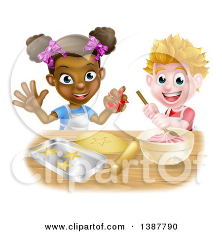 Clipart of a Happy White Boy Making Frosting and Black Girl Making Star Cookies - Royalty Free Vector Illustration by AtStockIllustration
