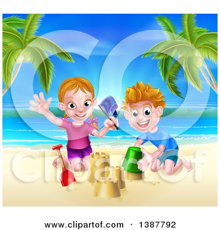 Clipart of a Happy White Girl and Boy Playing and Making Sand Castles on a Tropical Beach - Royalty Free Vector Illustration by AtStockIllustration