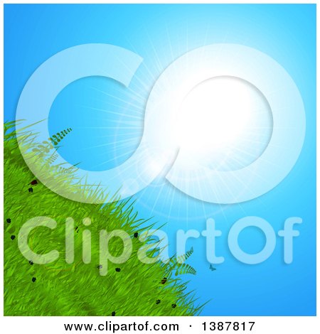 Clipart of a 3d Green Grassy Hill with Blue Sky and Sunshine - Royalty Free Vector Illustration by elaineitalia
