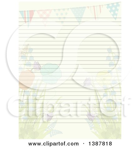 Clipart of a Sheet of Ruled Paper with Faded Spring Flowers and a Bunting Banner - Royalty Free Vector Illustration by elaineitalia