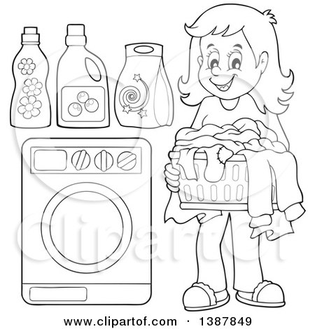 Clipart of a Black and White Lineart Happy Woman Doing Laundry - Royalty Free Vector Illustration by visekart