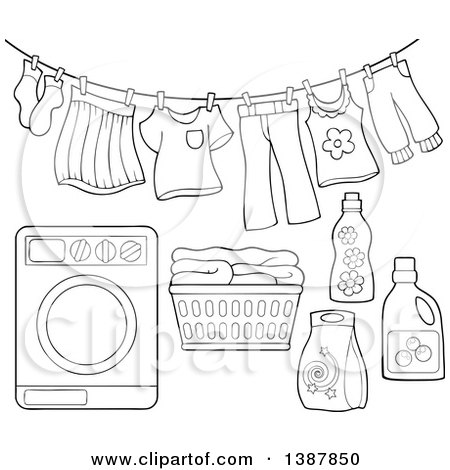 Clipart of a Black and White Lineart Clothes Line with Laundry Air Drying, Washing Machine, Basket and Detergent - Royalty Free Vector Illustration by visekart