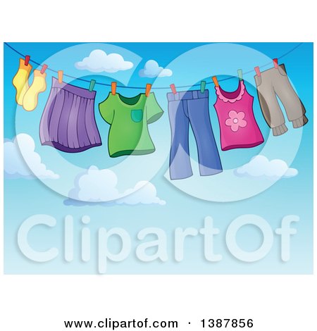 Clipart of a Clothes Line with Laundry Air Drying Against a Blue Sky - Royalty Free Vector Illustration by visekart