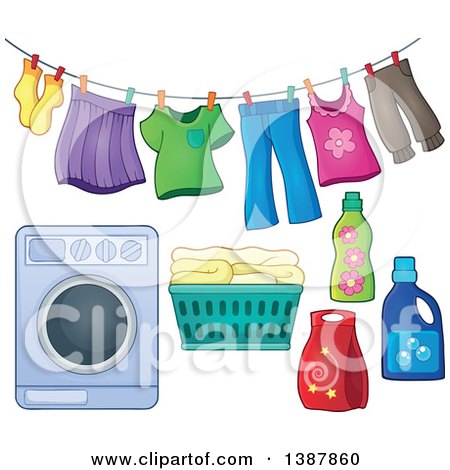 Clipart of a Clothes Line with Laundry Air Drying, Washing Machine, Basket and Detergent - Royalty Free Vector Illustration by visekart