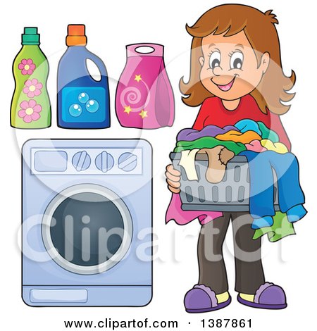 Clipart of a Happy Brunette White Woman Doing Laundry - Royalty Free Vector Illustration by visekart