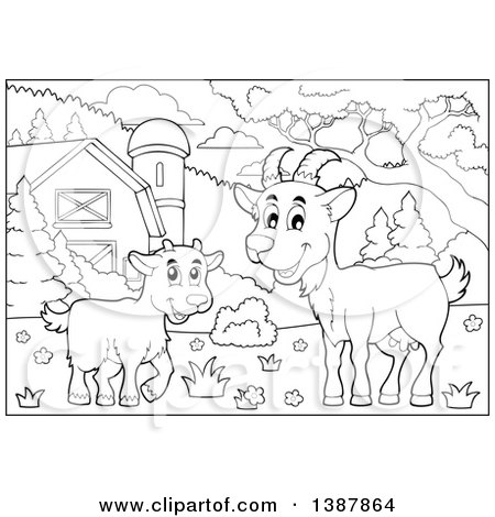 Clipart of a Cartoon Black and White Lineart Happy Goat and Kid in a Barnyard - Royalty Free Vector Illustration by visekart