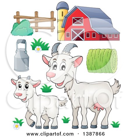 Clipart of a Cartoon Happy White Goat and Kid and Barnyard Items - Royalty Free Vector Illustration by visekart