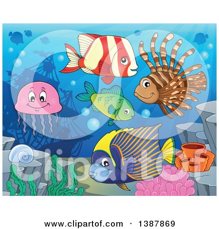 Clipart of Saltwater Marine Fish at a Reef Against a Ship Wreck - Royalty Free Vector Illustration by visekart