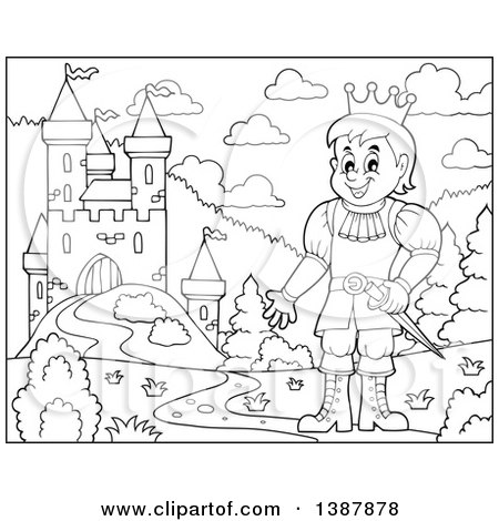 Clipart of a Cartoon Black and White Lineart Prince near a Castle - Royalty Free Vector Illustration by visekart