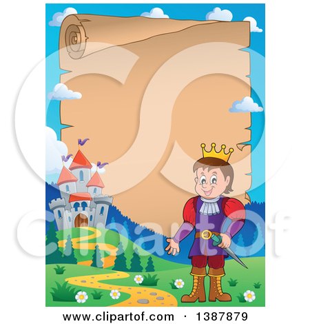 Clipart of a Cartoon Happy White Prince over a Parchment Scroll near a Castle - Royalty Free Vector Illustration by visekart