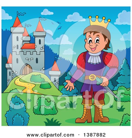 Clipart of a Cartoon Happy White Prince near a Castle - Royalty Free Vector Illustration by visekart