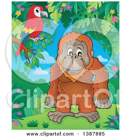 Clipart of a Cartoon Happy Orangutan Monkey and Parrot in a Jungle - Royalty Free Vector Illustration by visekart