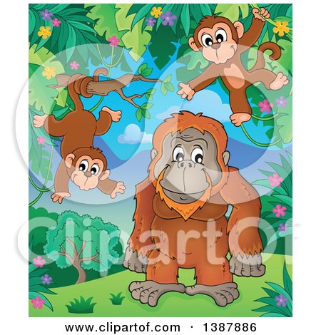 Clipart of a Cartoon Happy Orangutan and Monkeys in a Jungle - Royalty Free Vector Illustration by visekart
