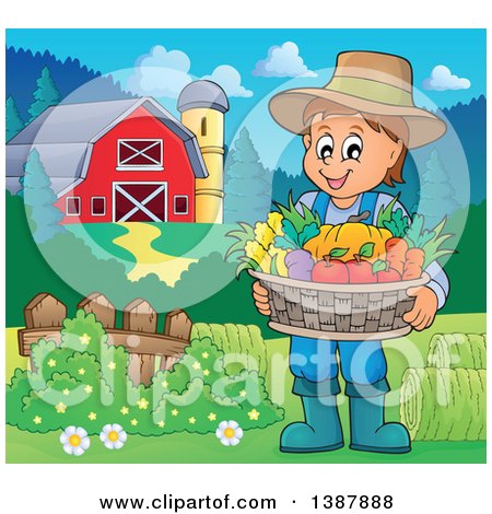 Clipart of a Cartoon Happy Brunette White Male Farmer Holding a Basket of Harvest Produce in a Barnyard - Royalty Free Vector Illustration by visekart
