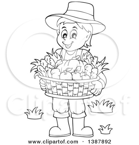 Cartoon Black and White Lineart Male Farmer Holding a Basket of Harvest  Produce Posters, Art Prints by - Interior Wall Decor #1387892