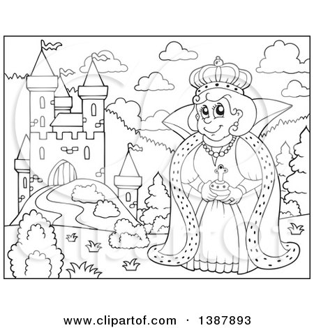 Clipart of a Cartoon Blackand White Lineart Happy Queen by a Castle - Royalty Free Vector Illustration by visekart