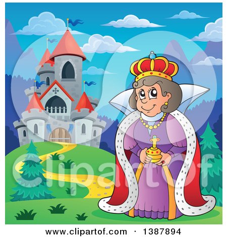 Clipart of a Cartoon Happy Queen by a Castle - Royalty Free Vector Illustration by visekart