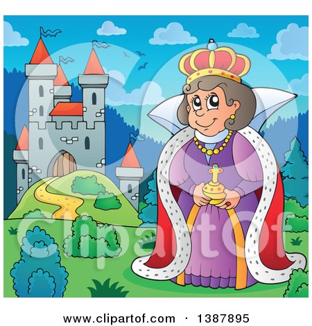 Clipart of a Cartoon Happy Queen by a Castle - Royalty Free Vector Illustration by visekart