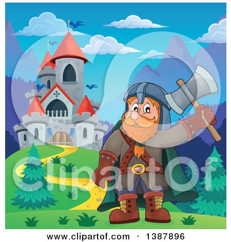Clipart of a Cartoon Happy Male Dwarf Warrior Holding up an Axe near a Castle - Royalty Free Vector Illustration by visekart