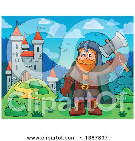 Clipart of a Cartoon Happy Male Dwarf Warrior Holding up an Axe near a Castle - Royalty Free Vector Illustration by visekart