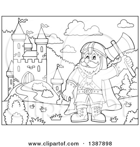 Clipart of a Cartoon Black and White Lineart Happy Male Dwarf Warrior Holding up an Axe near a Castle - Royalty Free Vector Illustration by visekart