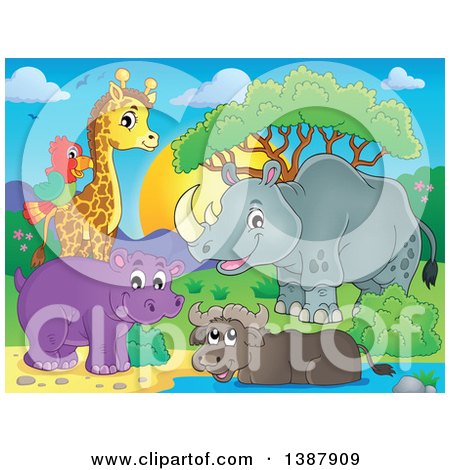 Clipart of a Happy Rhinceros, Water Buffalo, Giraffe, Hippo and Parrot at a Pond - Royalty Free Vector Illustration by visekart