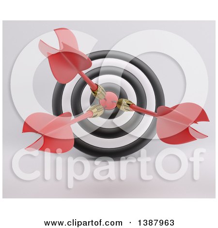 Clipart of a 3d Target with Three Darts in the Bulls Eye, on a Shaded Background - Royalty Free Illustration by KJ Pargeter