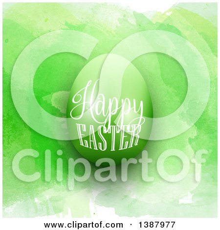 Clipart of a Happy Easter Greeting on a 3d Egg over Green Watercolor - Royalty Free Vector Illustration by KJ Pargeter