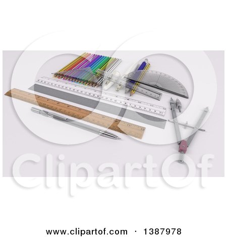 Clipart of 3d Drafting Tools and Rulers on a Desk - Royalty Free Illustration by KJ Pargeter