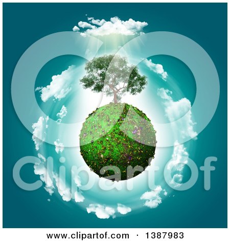 Clipart of a 3d Tree Growing on a Glassy Planet with Clouds and Sunshine - Royalty Free Illustration by KJ Pargeter