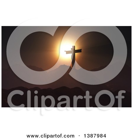 Clipart of a Scene of 3d Silhouetted Jesus Christ on the Cross Against a Sunset and Hills - Royalty Free Illustration by KJ Pargeter